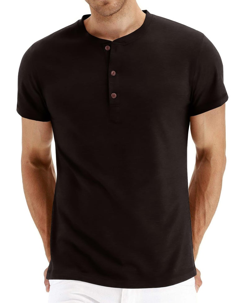 PEGENO Men's Casual Slim Fit Short Sleeve Henley T-Shirts Cotton Shirts (Black-US L) - Image 1